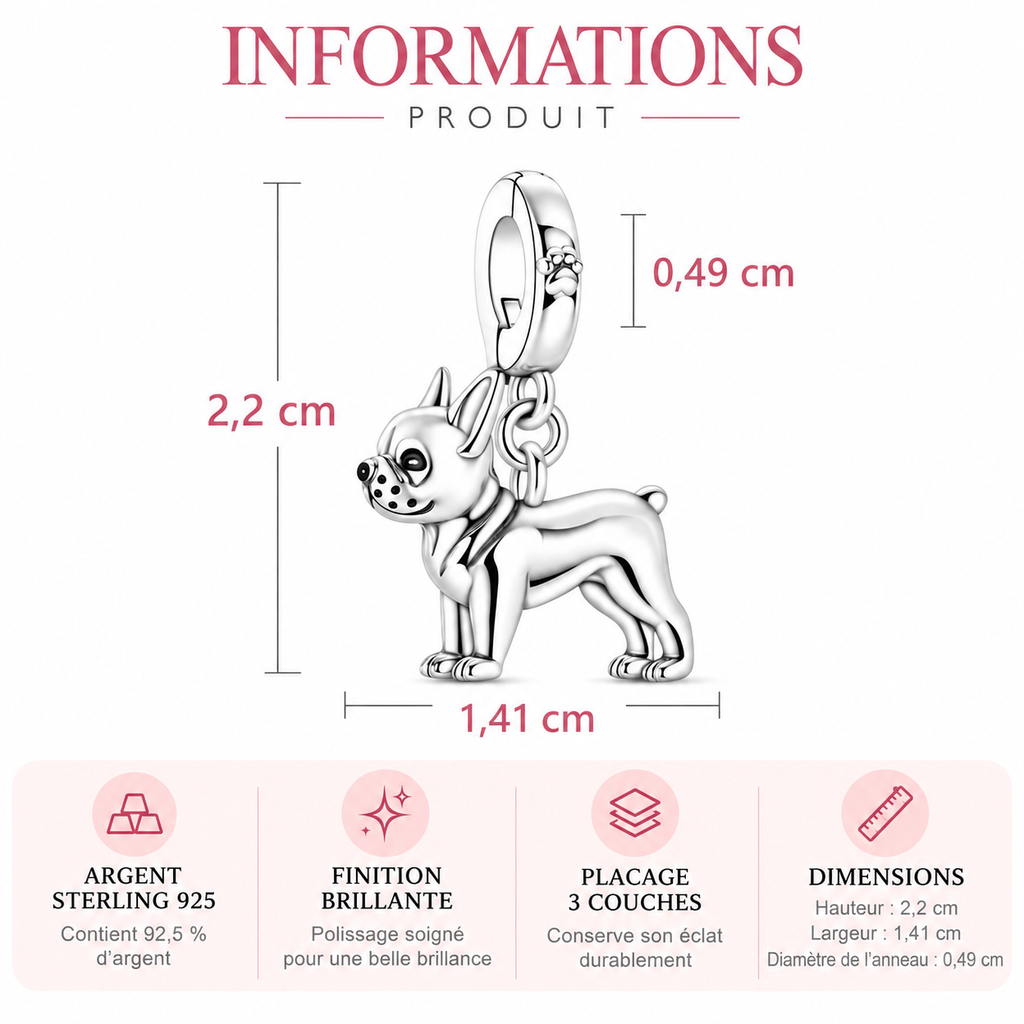 Charm Bouledogue  Argent Sterling 925 – vue 2