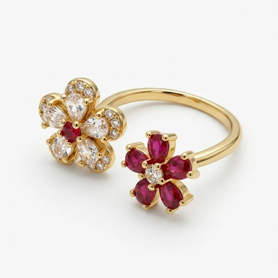 Bague ouverte double fleur rose et blanc – Harmonia Ibiza
