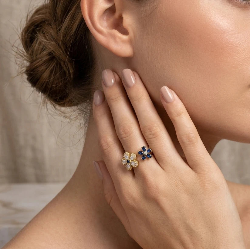 Bague ouverte double fleur zircon – vue 3