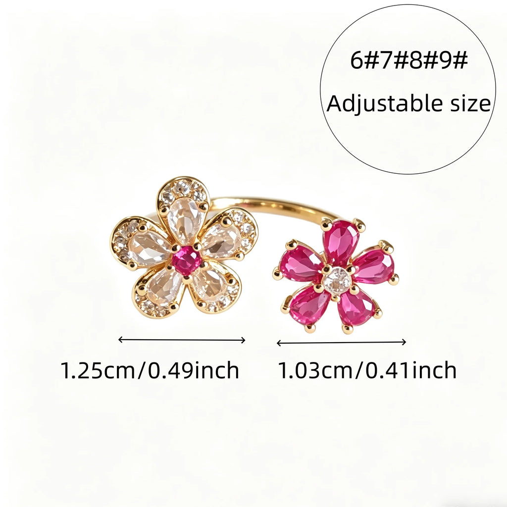 Bague ouverte double fleur rose et blanc – vue 5