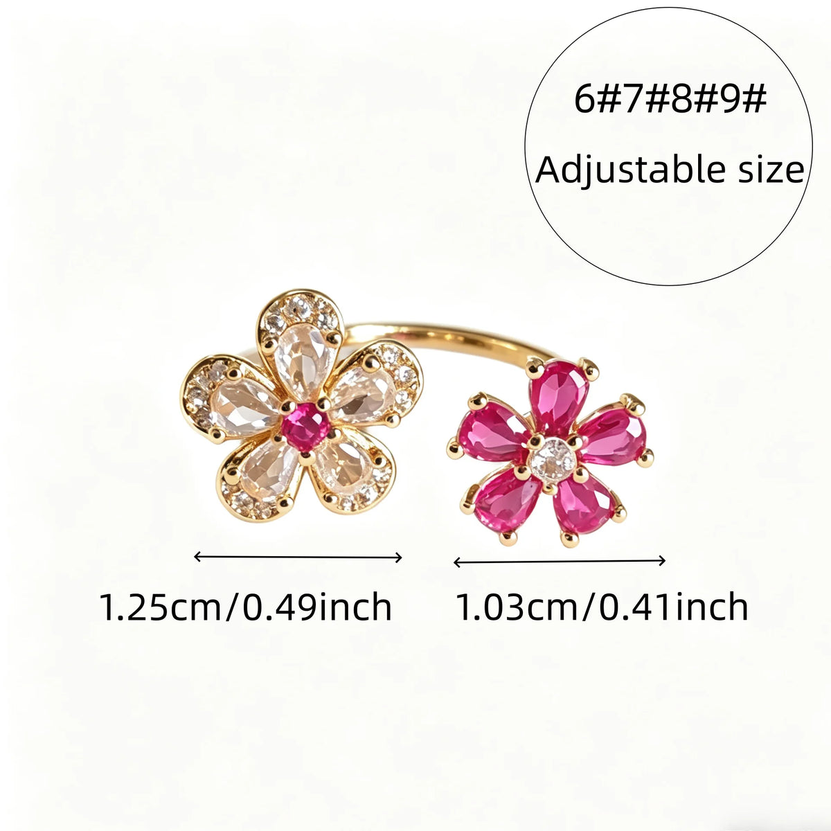 Bague ouverte double fleur rose et blanc – vue 5