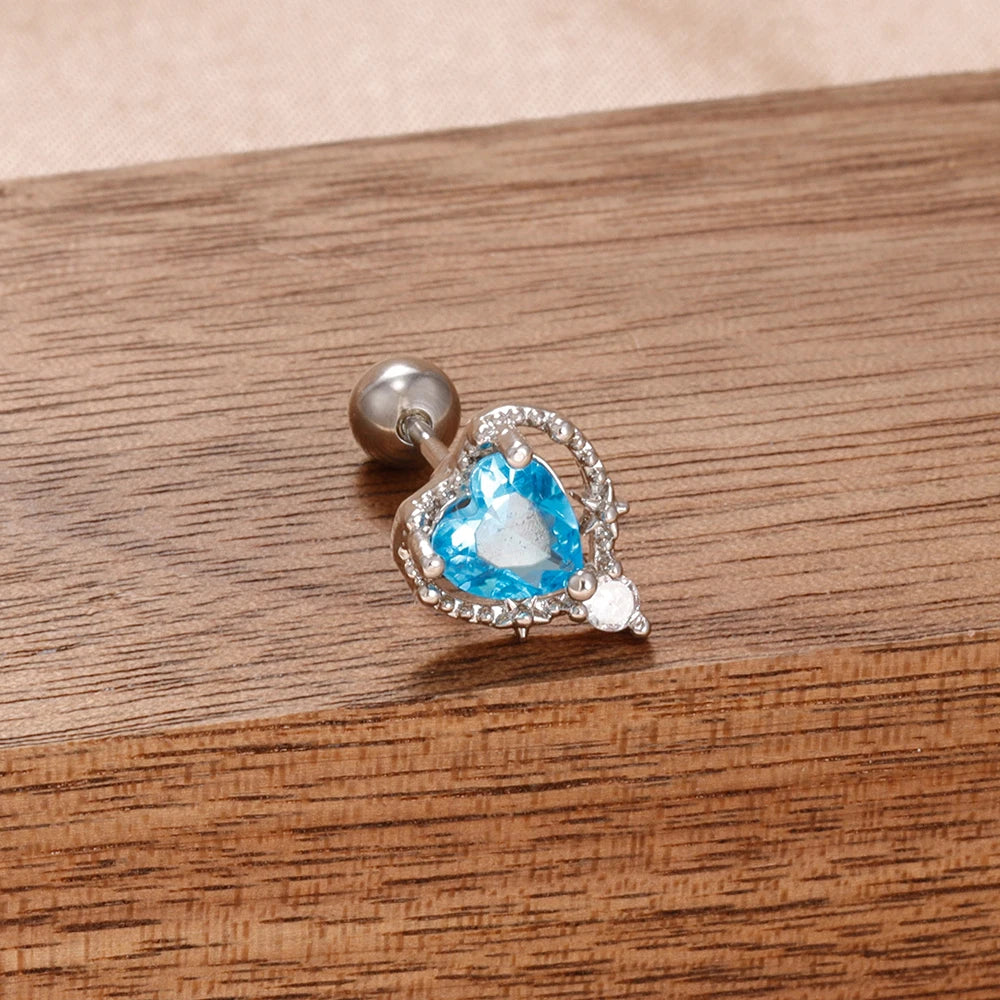 Puces d'oreilles cœur zircon – Argenté – bleu ciel