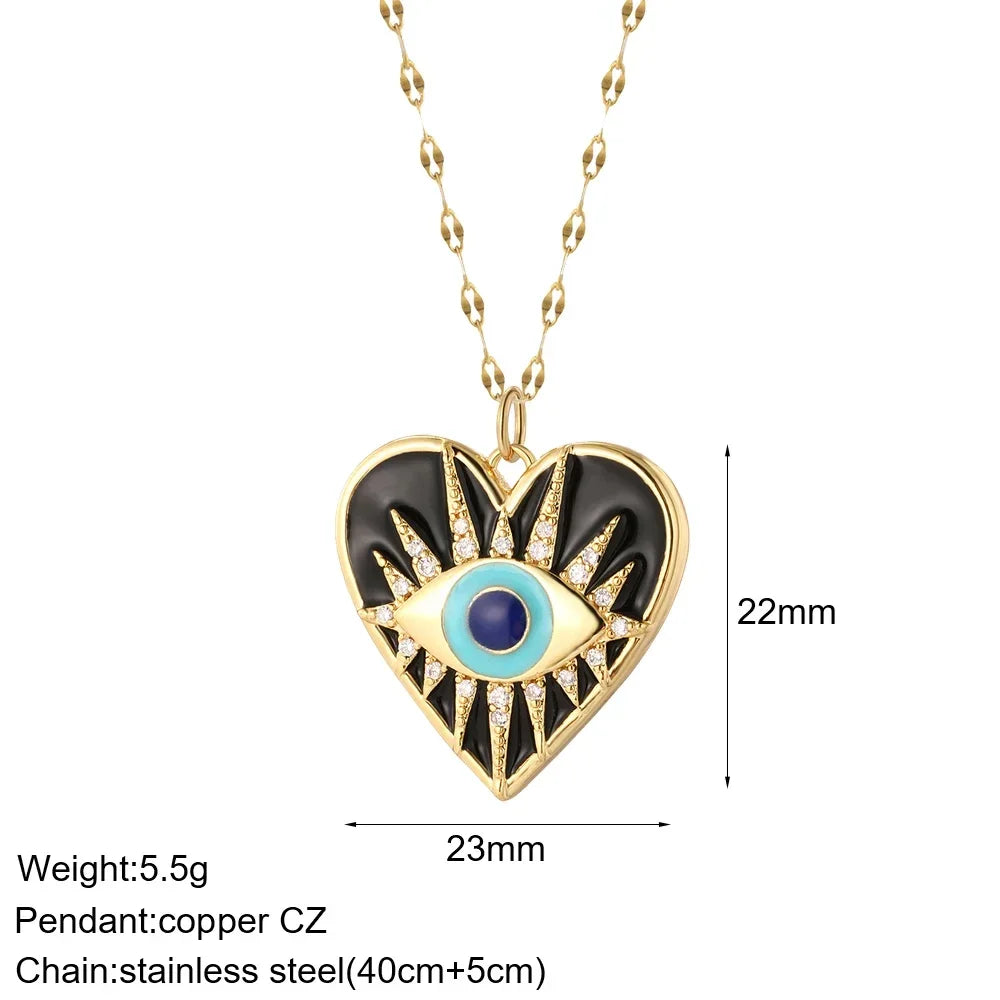 Collier long mauvais œil et cœur doré – modèle 13