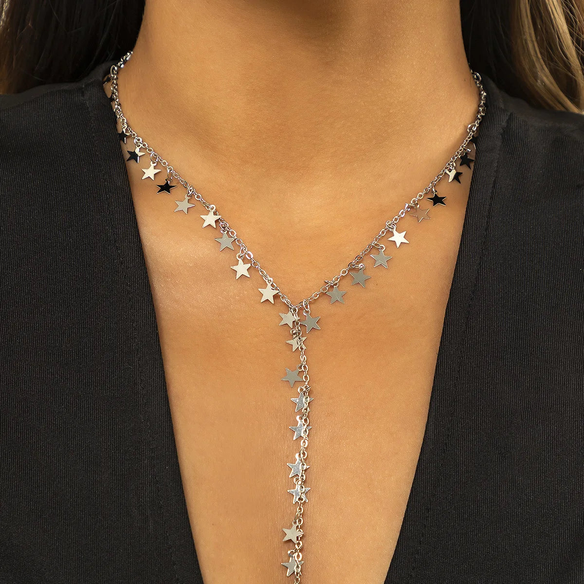 Collier pendentif pentagramme et pampille – Argenté