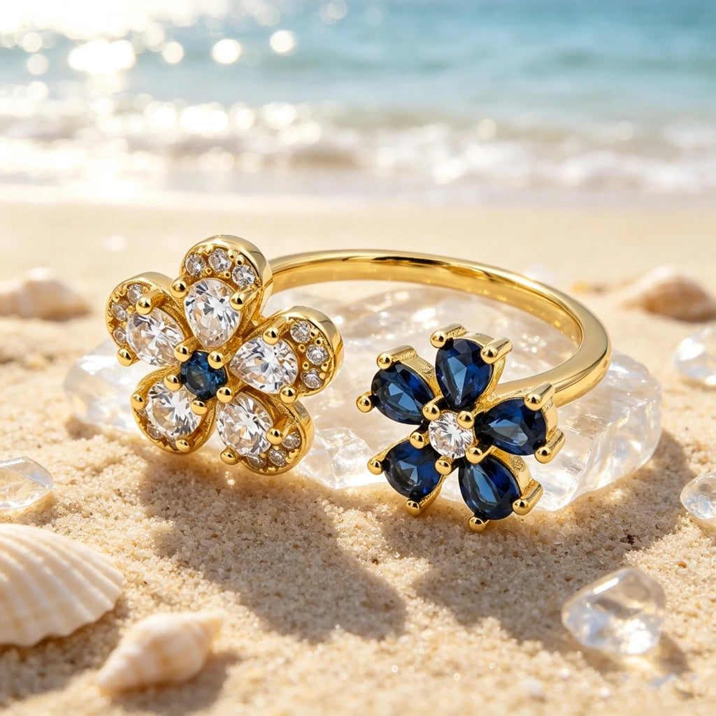 Bague ouverte double fleur zircon – vue 2