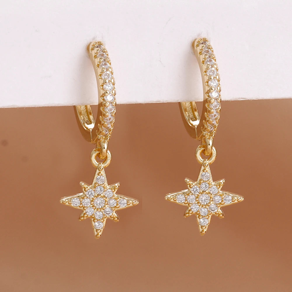 Boucles d'oreilles pendantes étoiles zircon – Doré – modèle 6