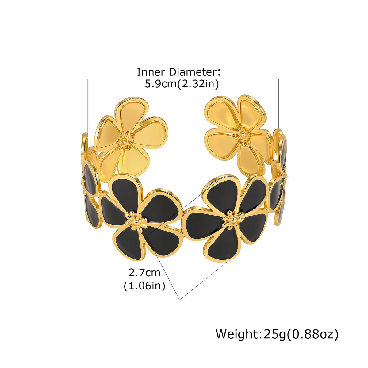 Bracelet jonc ouvert émail floral – Noir