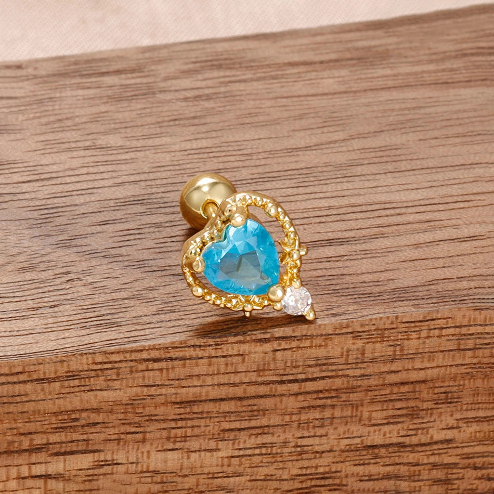 Puces d'oreilles cœur zircon – Doré – bleu ciel