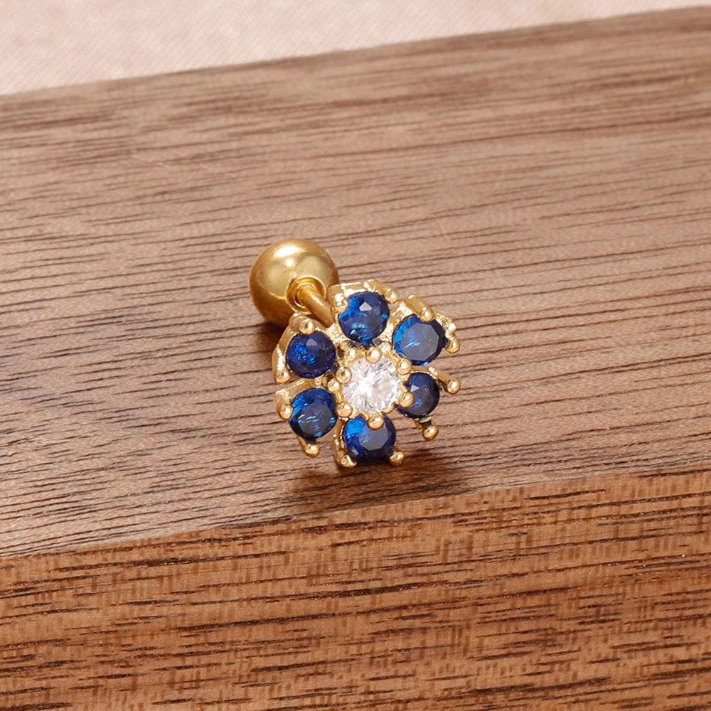 Puces d'oreilles cœur zircon – Doré – bleu foncé
