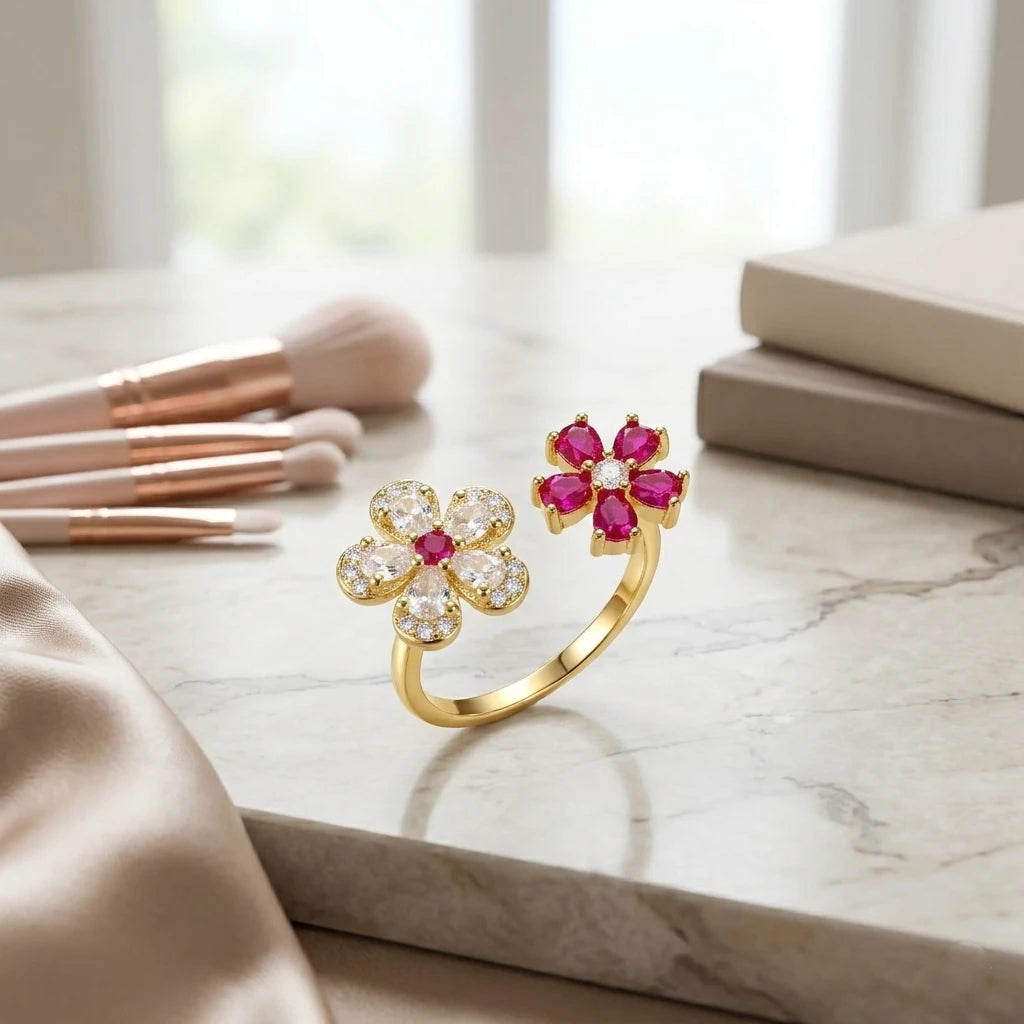 Bague ouverte double fleur rose et blanc – vue 4