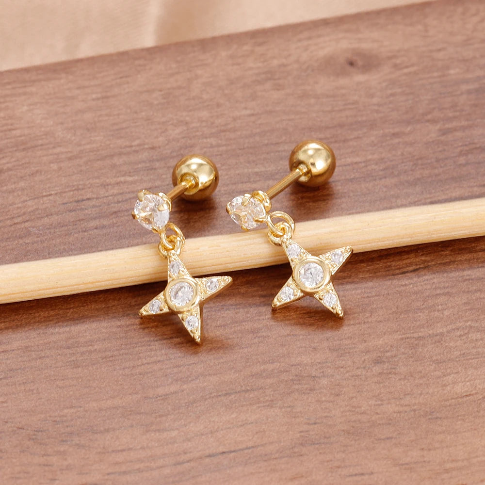 Boucles d'oreilles pendantes étoiles zircon – Doré – modèle 2