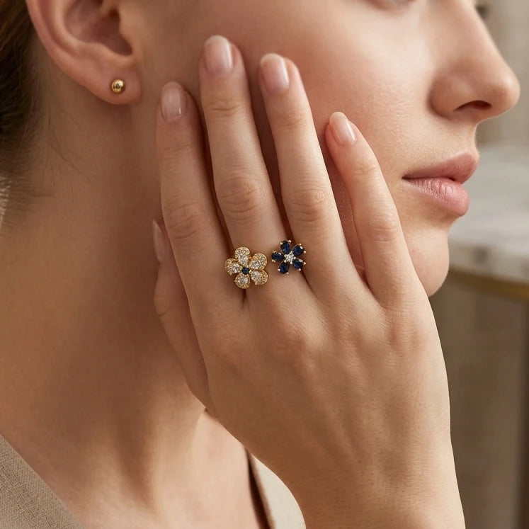 Bague ouverte double fleur zircon – vue 4