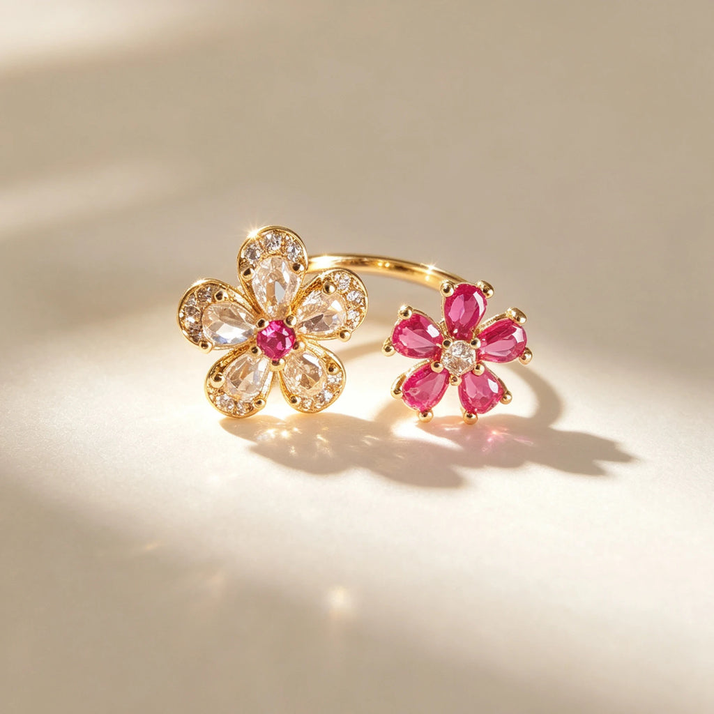 Bague ouverte double fleur rose et blanc – Rose et blanc / Doré
