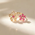 Bague ouverte double fleur rose et blanc – Rose et blanc / Doré