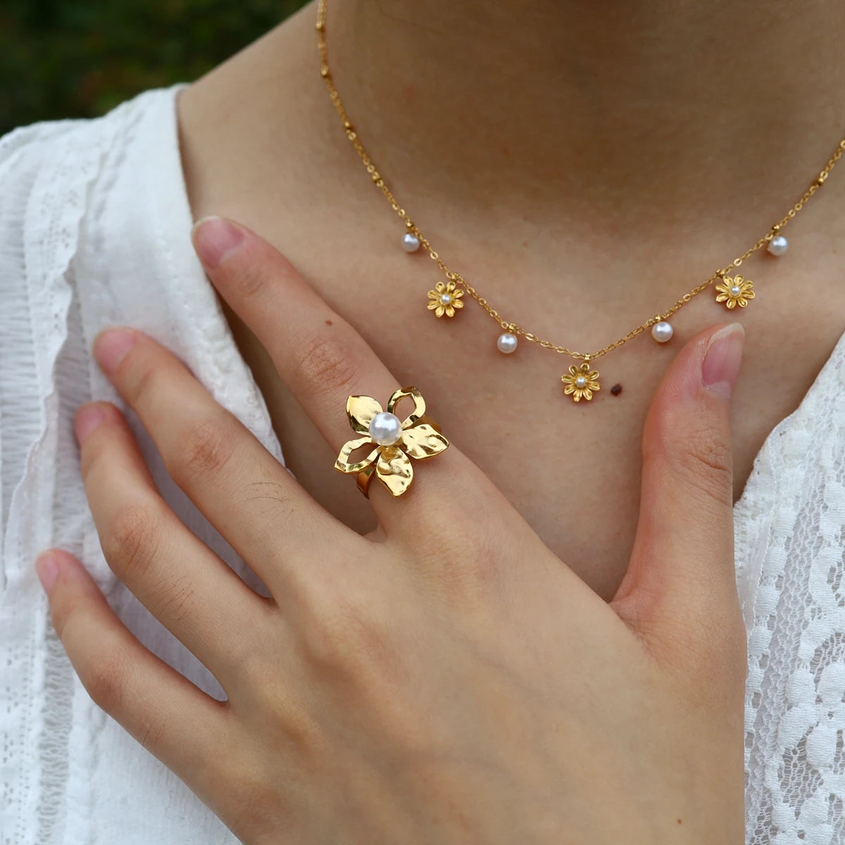 Collier perle et fleur vintage – vue 2